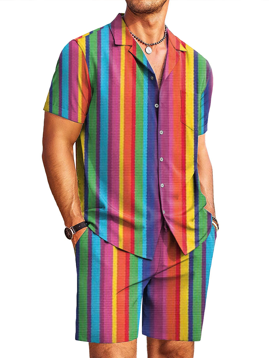 Men's Sets Hawaiian Rainbow Vehicle Stripes Button Down Two-Piece Shirt Shorts Set