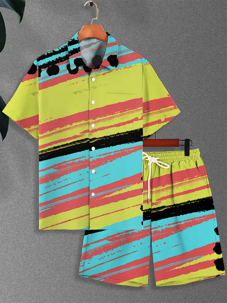 Men's Sets Colorful Stripes Button Down Two-Piece Shirt Shorts Set