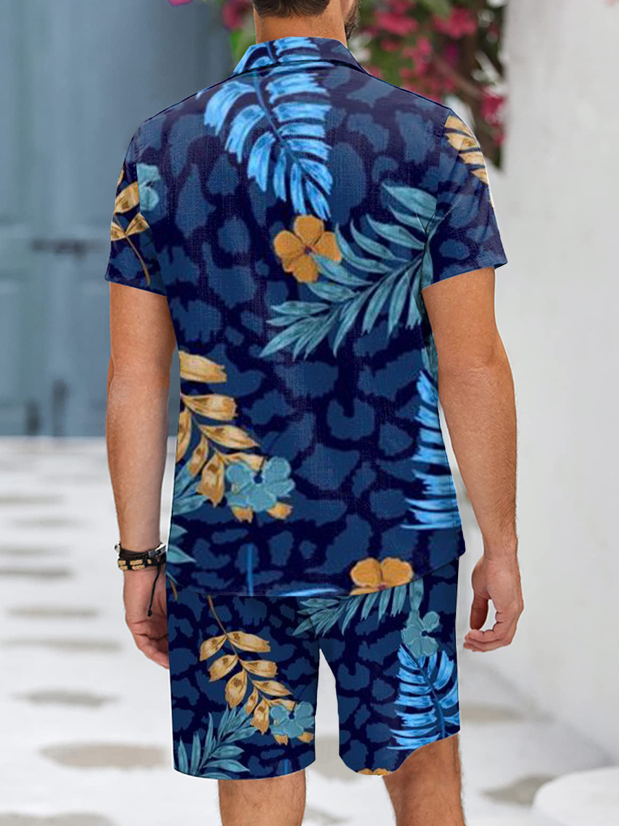 Men's Sets Hawaiian Plant Button Pocket Two-Piece Shirt Shorts Set