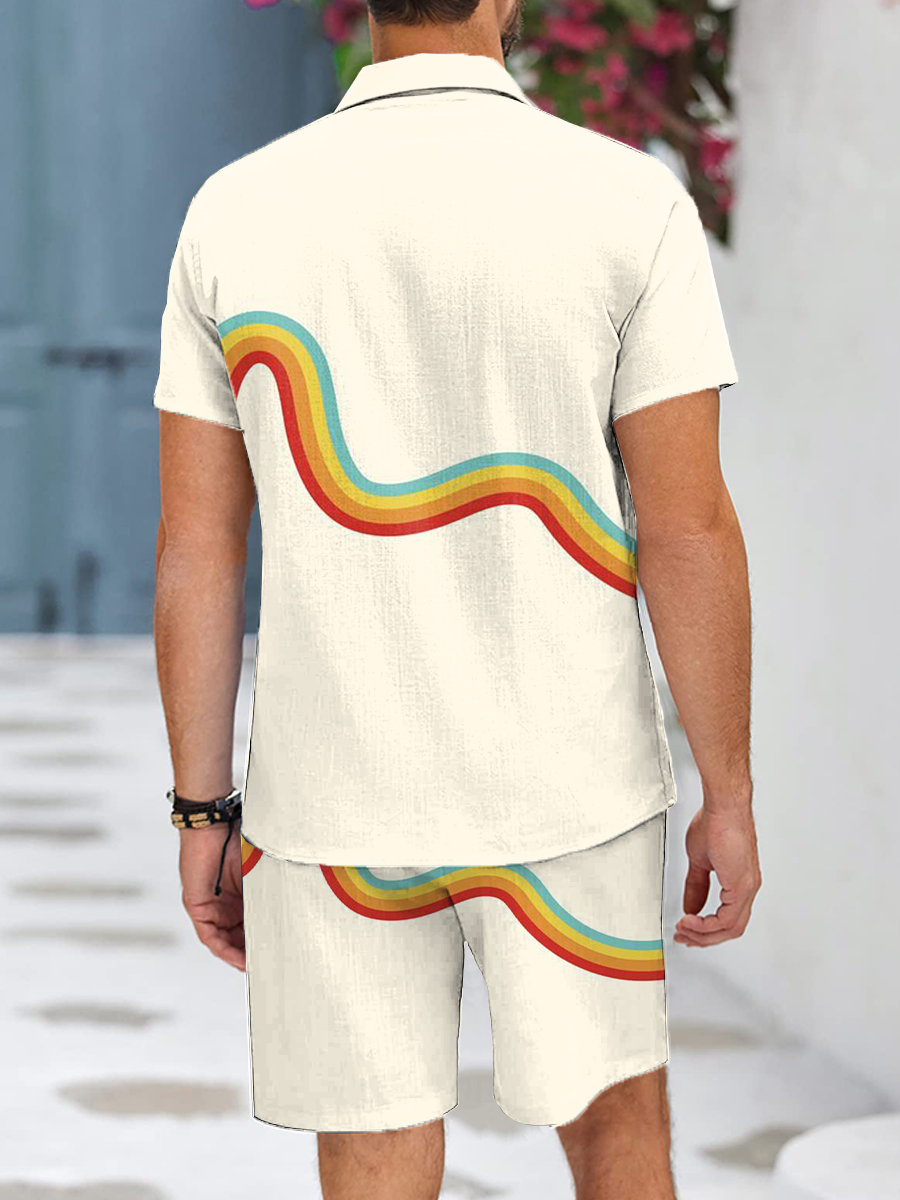 Men's Sets Hawaiian Rainbow Curve Button Down Two-Piece Shirt Shorts Set