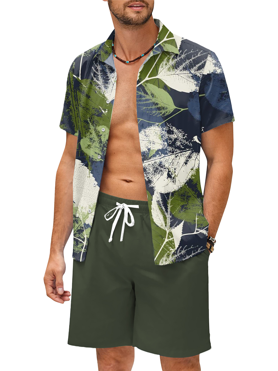 Men's Sets Hawaiian Leaves Pattern Button Pocket Two-Piece Shirt Shorts Set