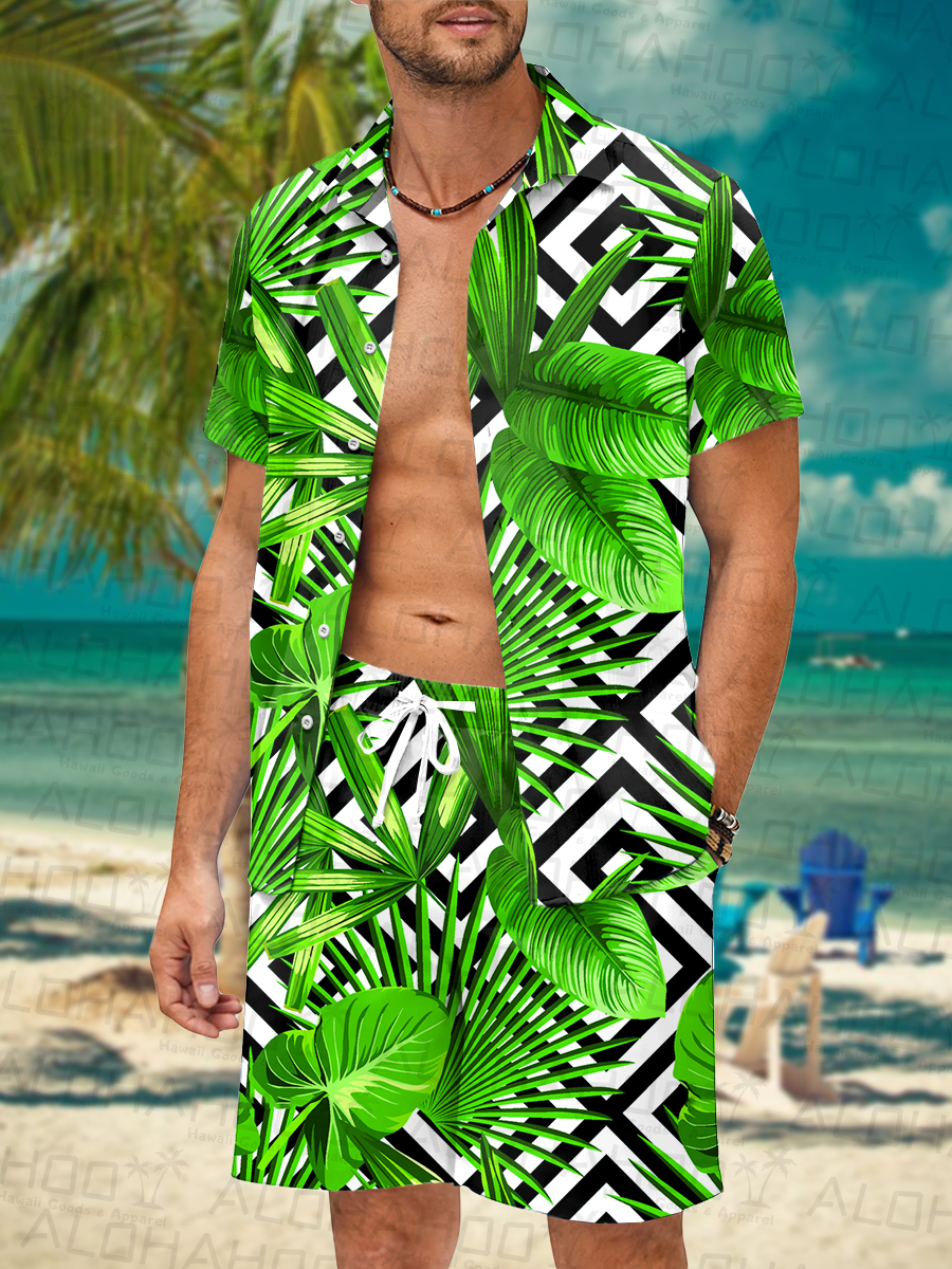 Men's Sets Tropical Leaves Stripes Art Button Down Two-Piece Shirt Shorts Set