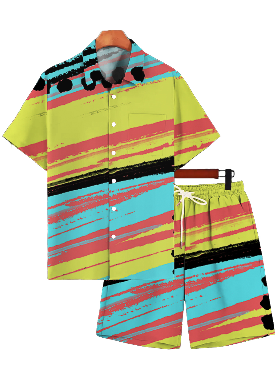 Men's Sets Colorful Stripes Button Down Two-Piece Shirt Shorts Set