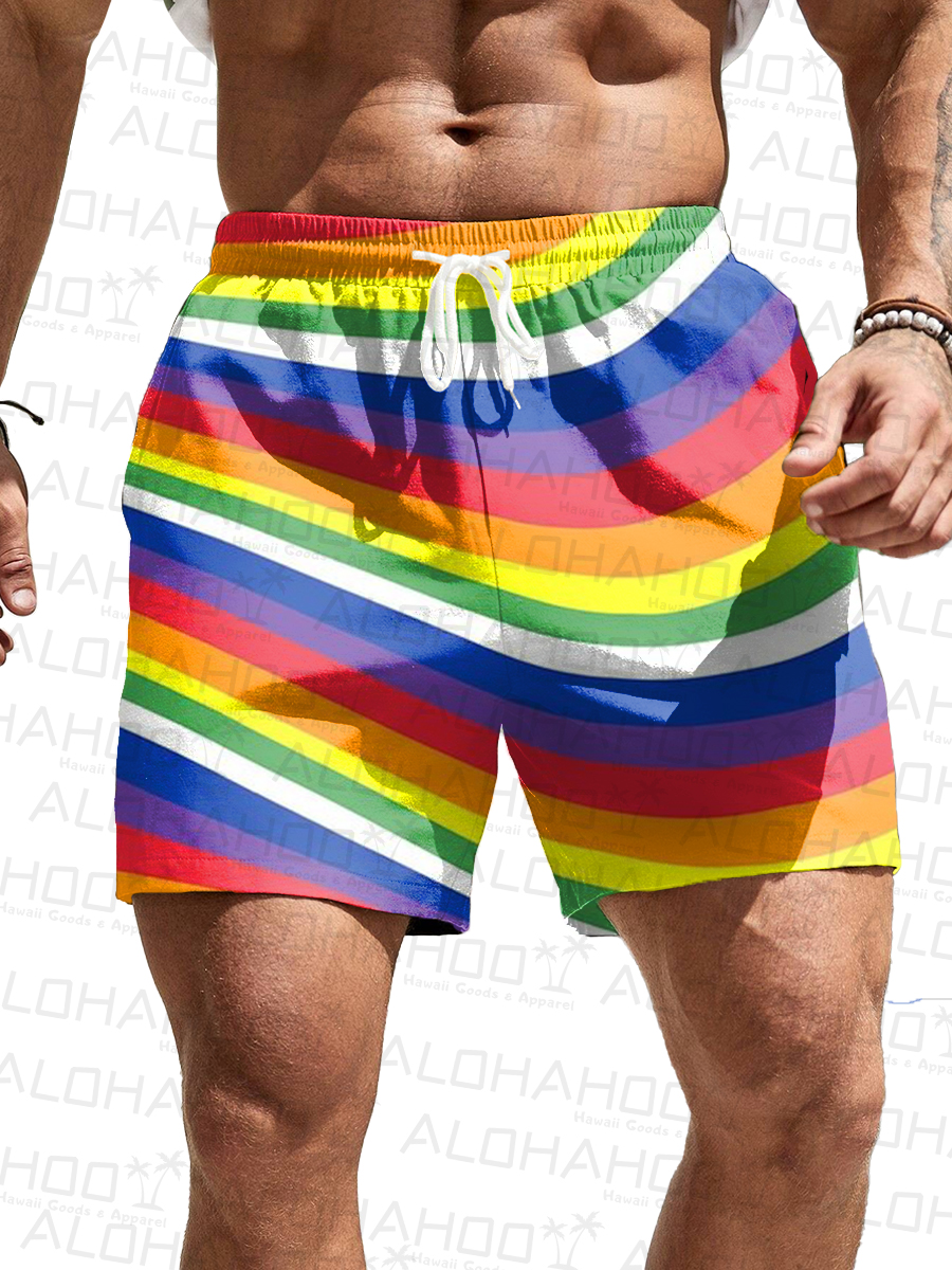 Men's Hawaiian Shorts Rainbow Stripes Print Vacation Beach Shorts