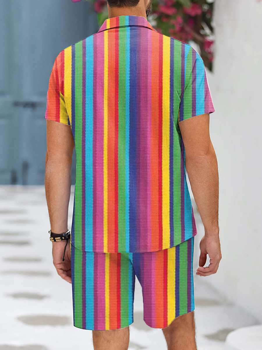 Men's Sets Hawaiian Rainbow Vehicle Stripes Button Down Two-Piece Shirt Shorts Set