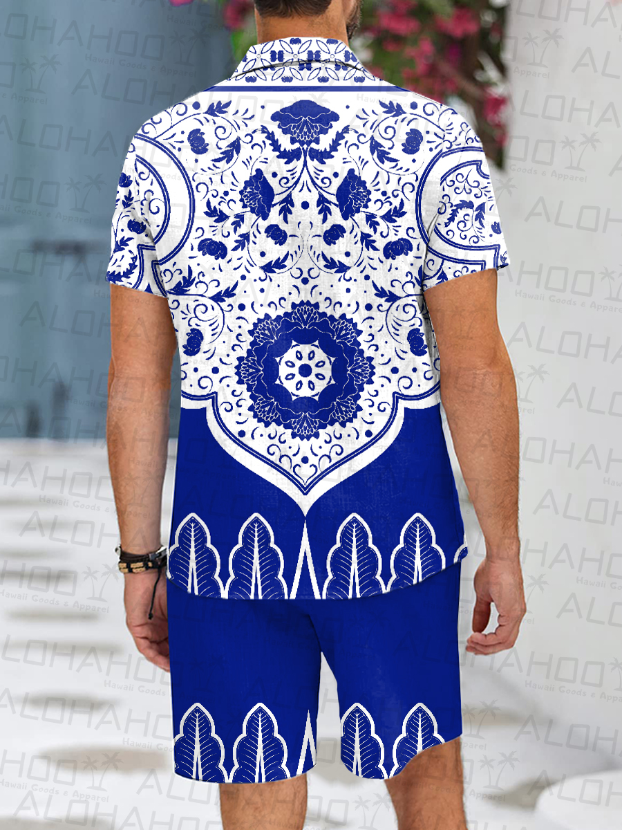 Men's Sets Retro White And Blue Button Down Two-Piece Shirt Shorts Set