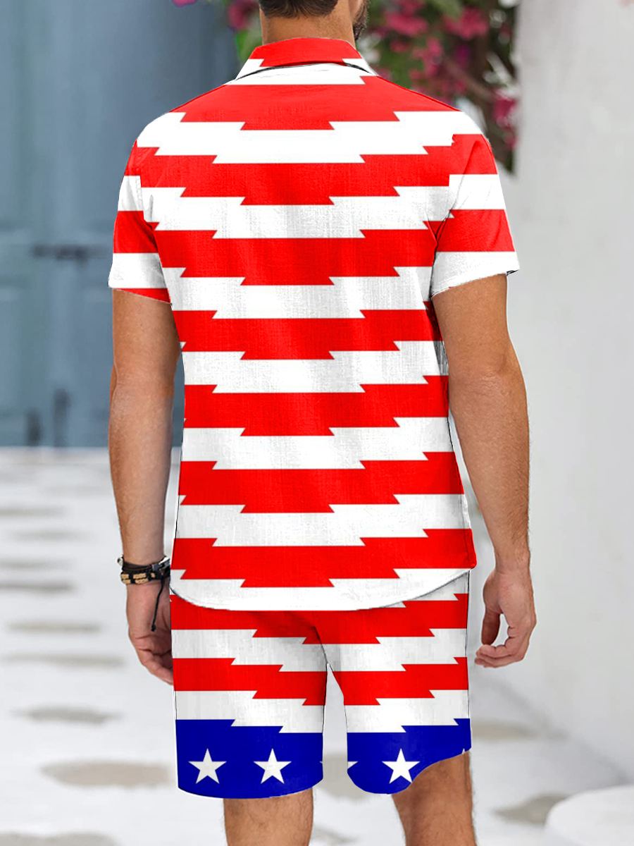 Men's Sets Independence Flag Print Button Pocket Two-Piece Hawaiian Shirt Shorts Set