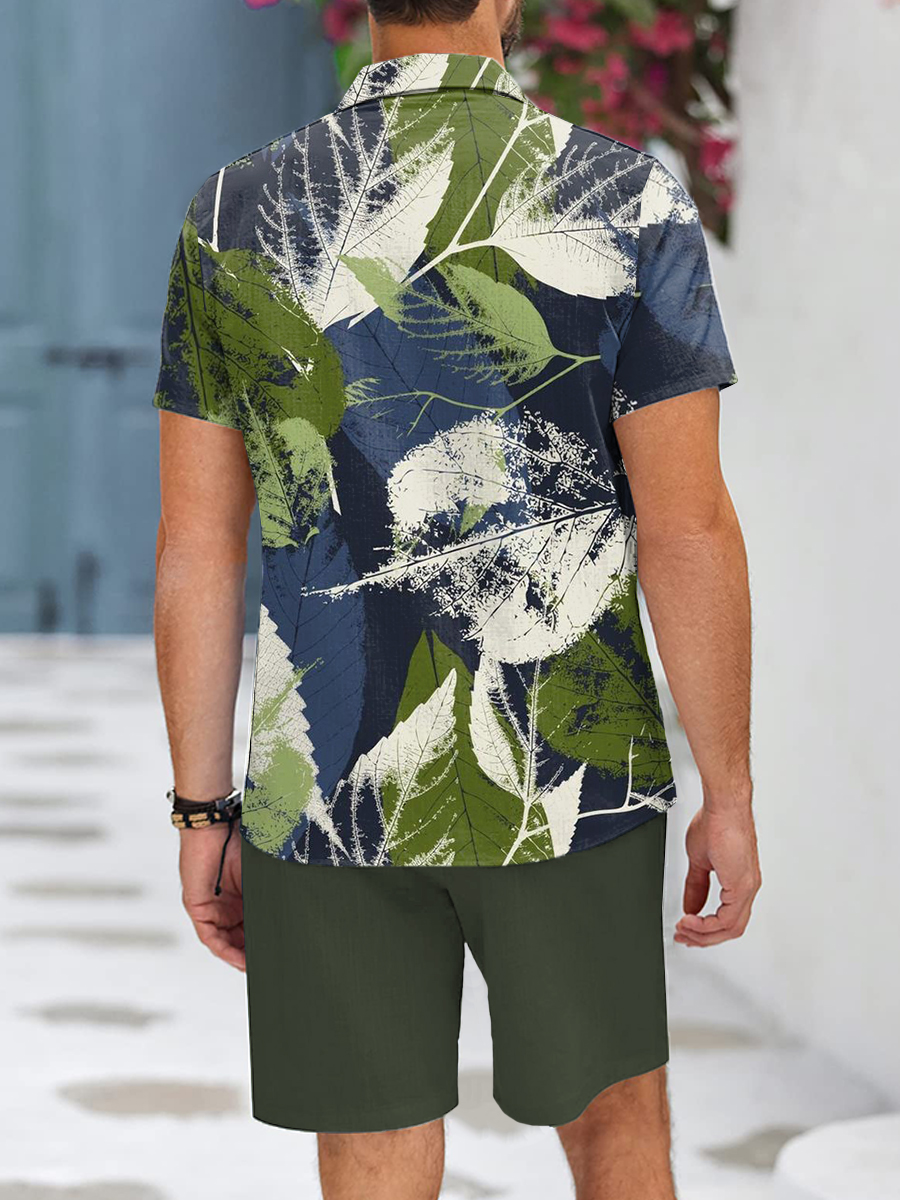 Men's Sets Hawaiian Leaves Pattern Button Pocket Two-Piece Shirt Shorts Set