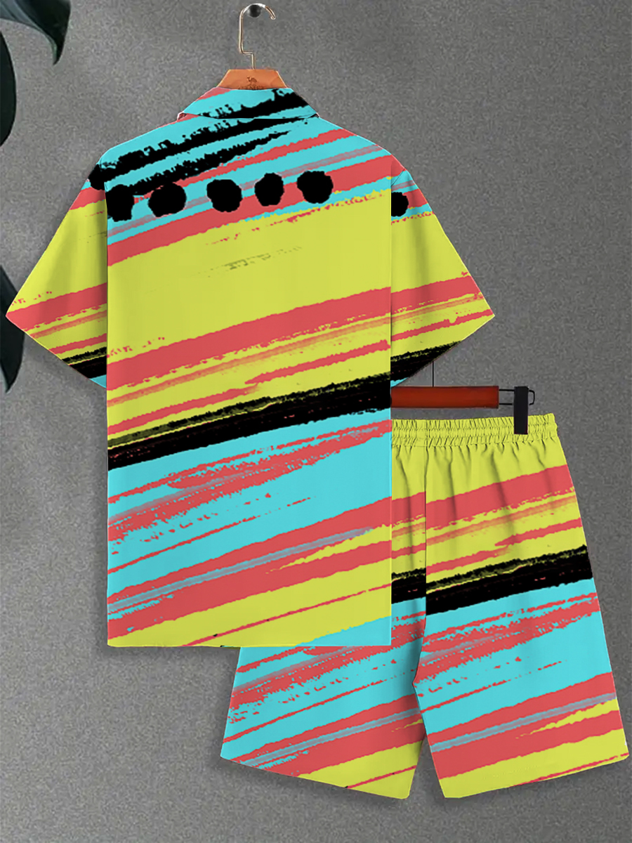 Men's Sets Colorful Stripes Button Down Two-Piece Shirt Shorts Set
