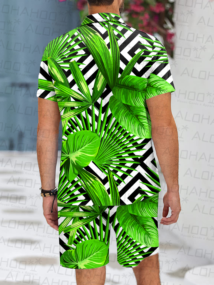 Men's Sets Tropical Leaves Stripes Art Button Down Two-Piece Shirt Shorts Set