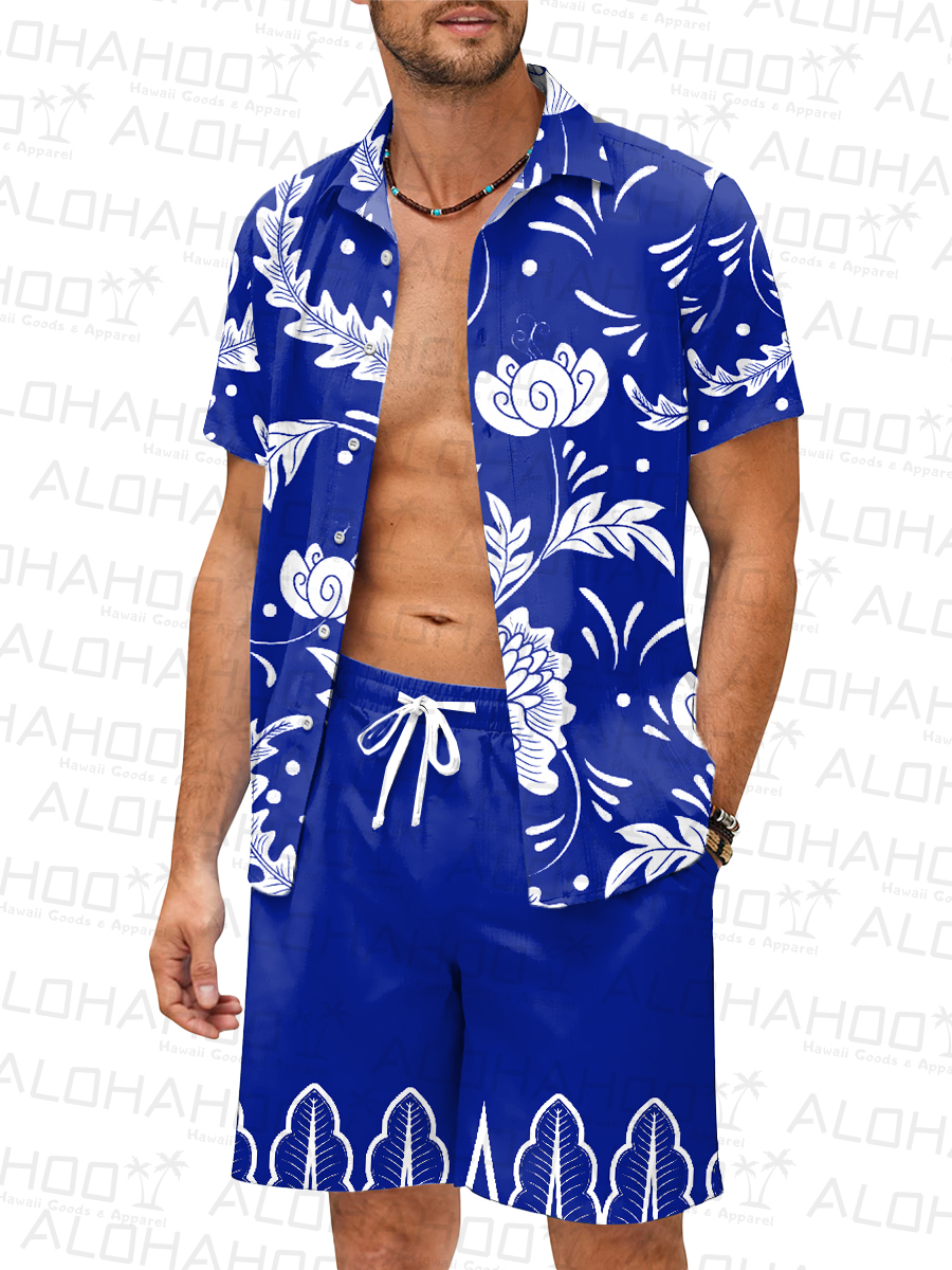 Men's Sets Art Floral Button Down Two-Piece Shirt Shorts Set