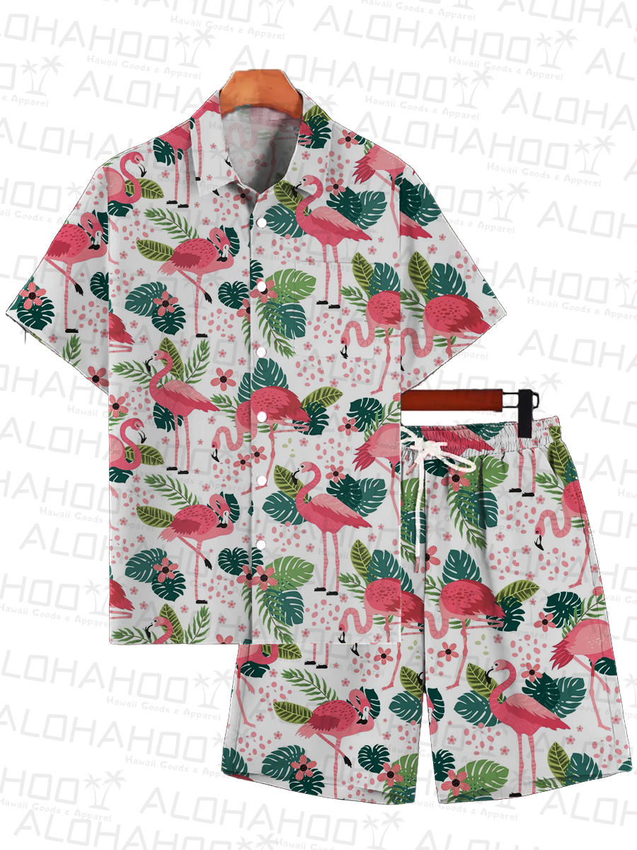 Men's Sets Hawaiian Flamingo Print Button Pocket Two-Piece Shirt Shorts Set