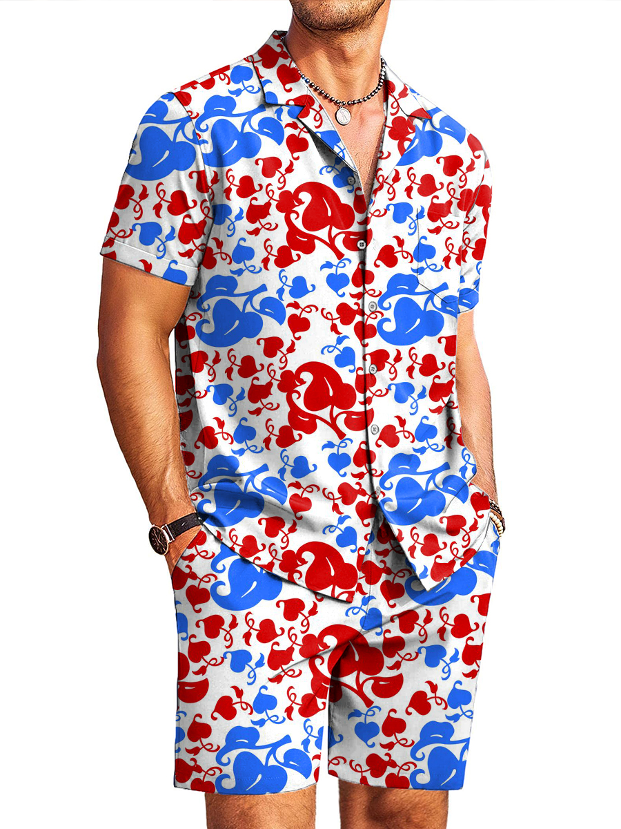 Men's Sets Hawaiian Independence Color Button Down Two-Piece Shirt Shorts Set