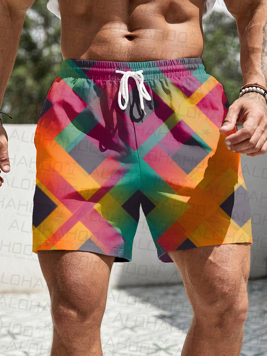 Men's Hawaiian Shorts Rainbow Square Print Vacation Beach Shorts