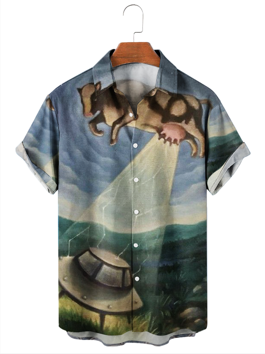 Men's Hawaiian Shirt Funny Abstract Cow UFO Button Down Shirt
