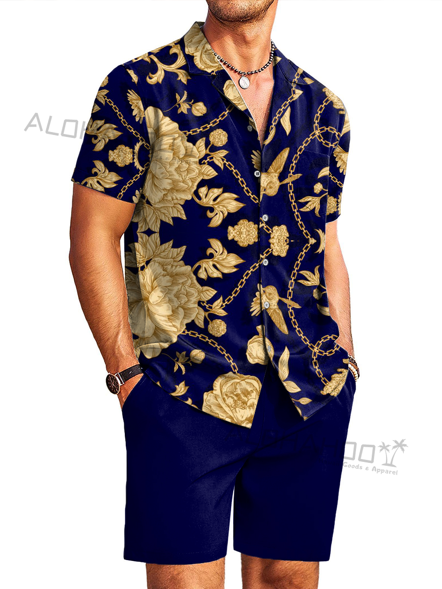 Men's Sets Art Golden Floral Pattern Button Down Pocket Two-Piece Shirt Shorts Set