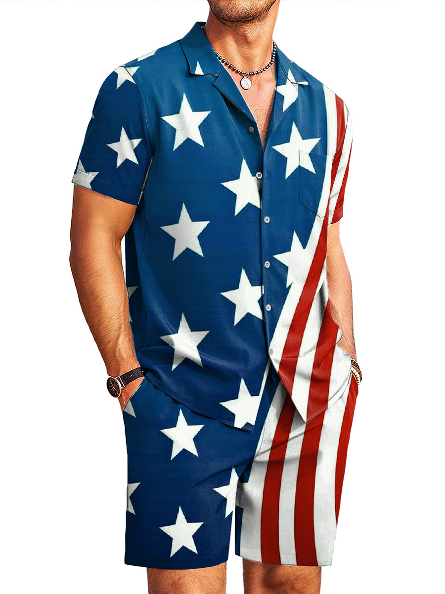 Men's Sets Independence Day Flag Print Button Pocket Two-Piece Hawaiian Shirt Shorts Set