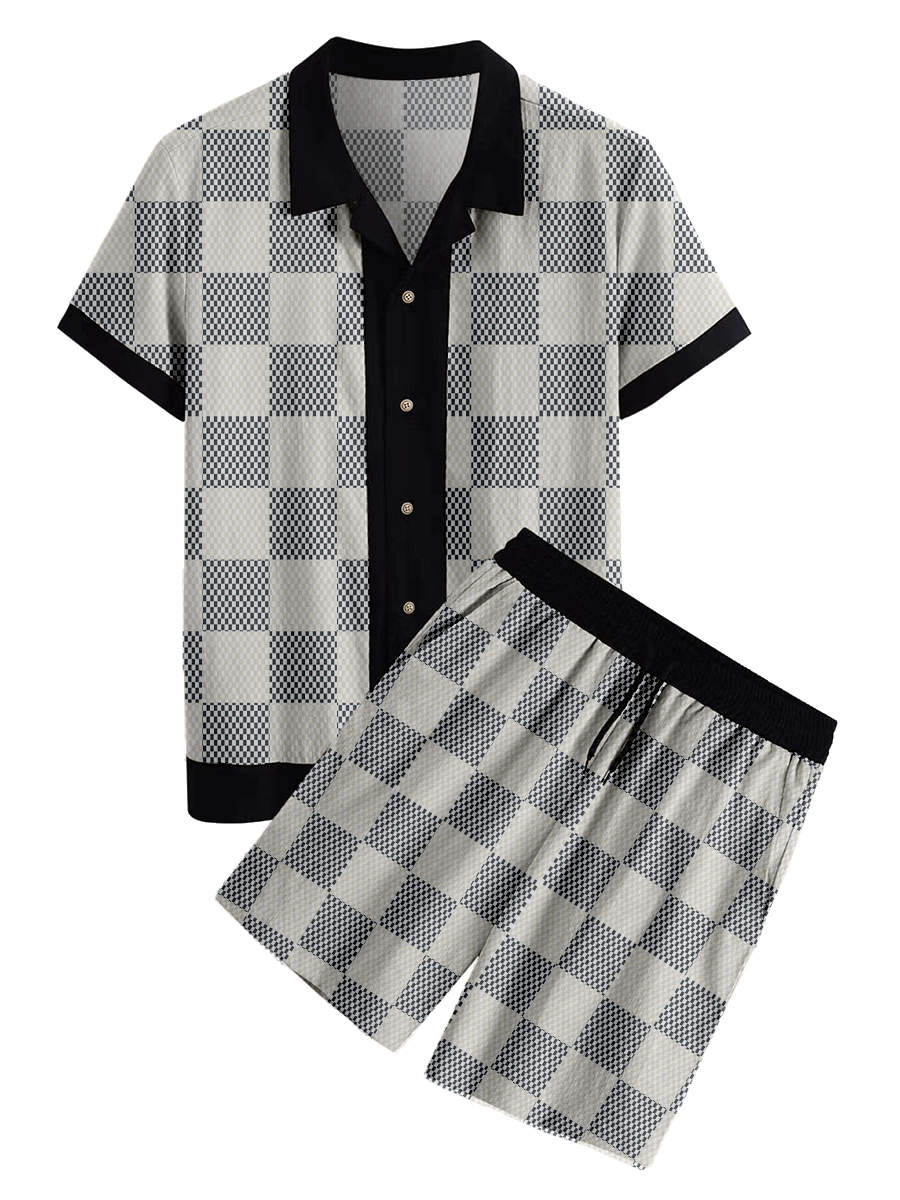 Men's Sets Hawaiian Vintage Plaid Print Button Pocket Two-Piece Shirt Shorts Set