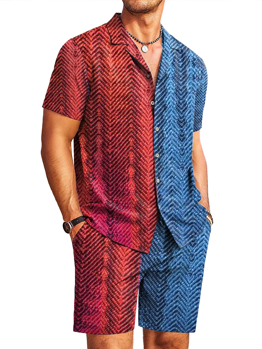 Men's Sets Hawaiian Double Colorblock Button Down Two-Piece Shirt Shorts Set