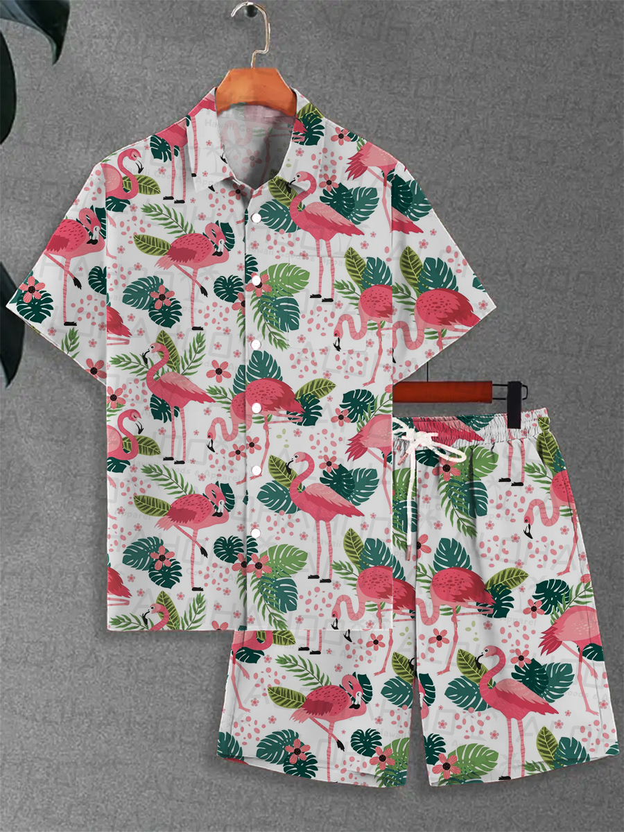 Men's Sets Hawaiian Flamingo Print Button Pocket Two-Piece Shirt Shorts Set
