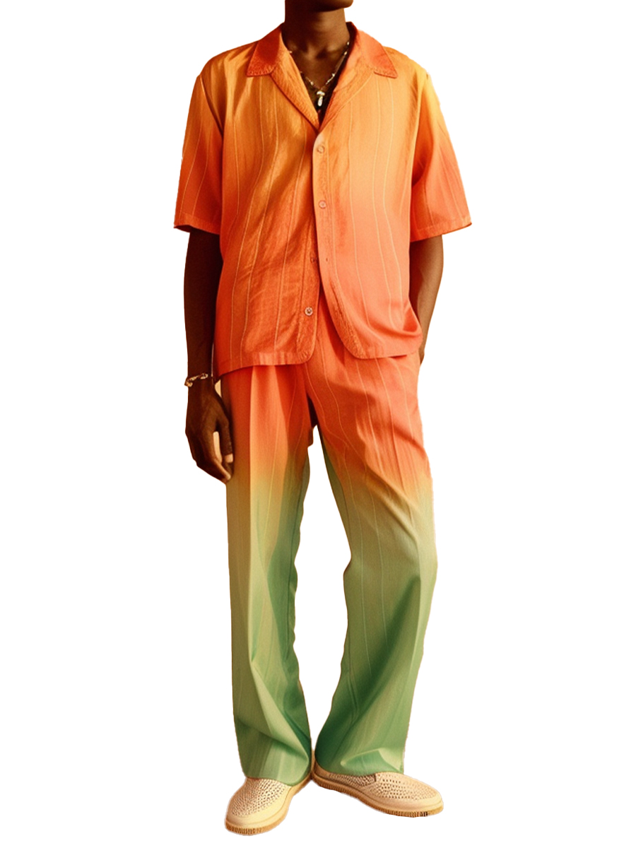 Men's Sets Casual Button Down Wrinkle Free Seersucker Two-Piece Long Sleeve Shirt Pants