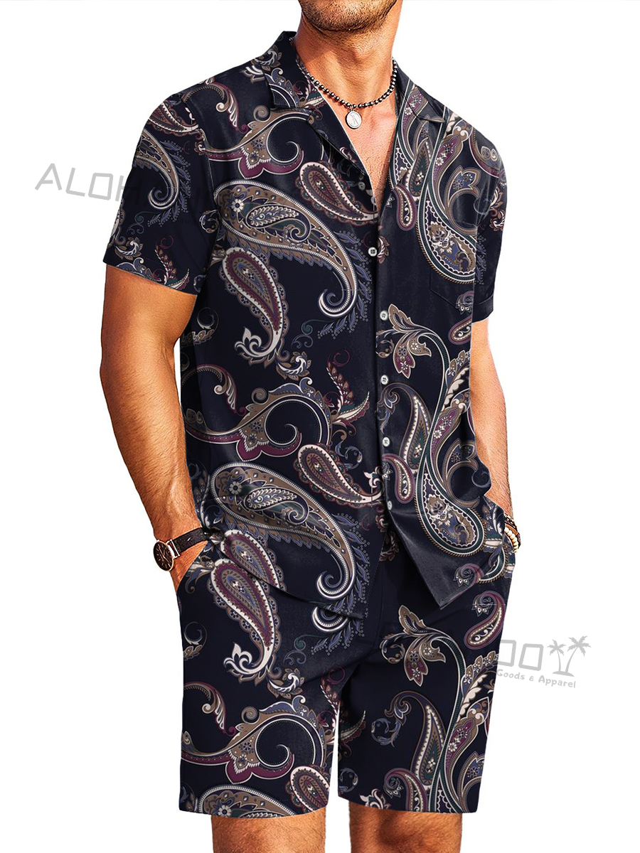 Men's Sets Paisley Print Button Pocket Two-Piece Hawaiian Shirt Shorts Set