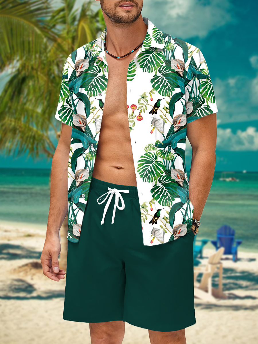 Men's Sets Hawaiian Plants Pattern Button Pocket Two-Piece Shirt Shorts Set