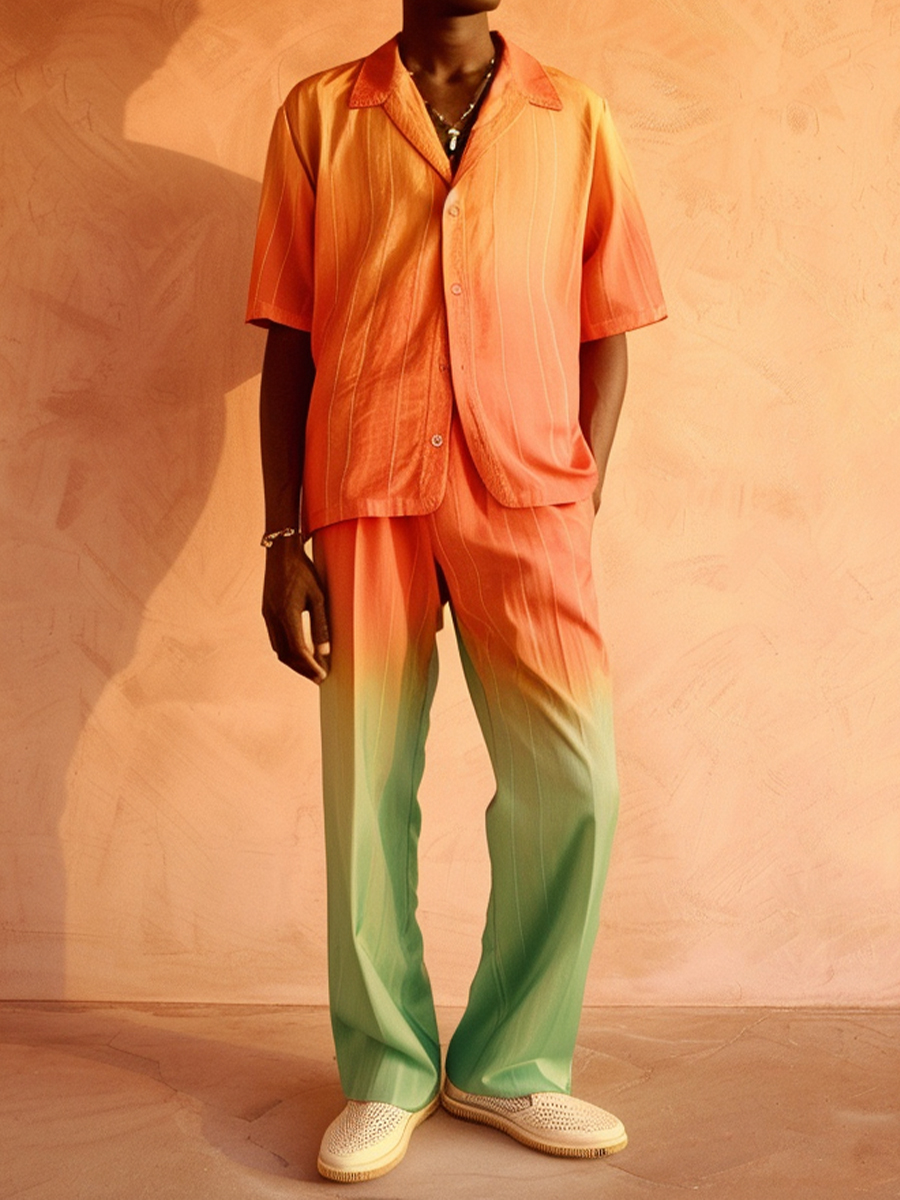 Men's Sets Casual Button Down Wrinkle Free Seersucker Two-Piece Long Sleeve Shirt Pants