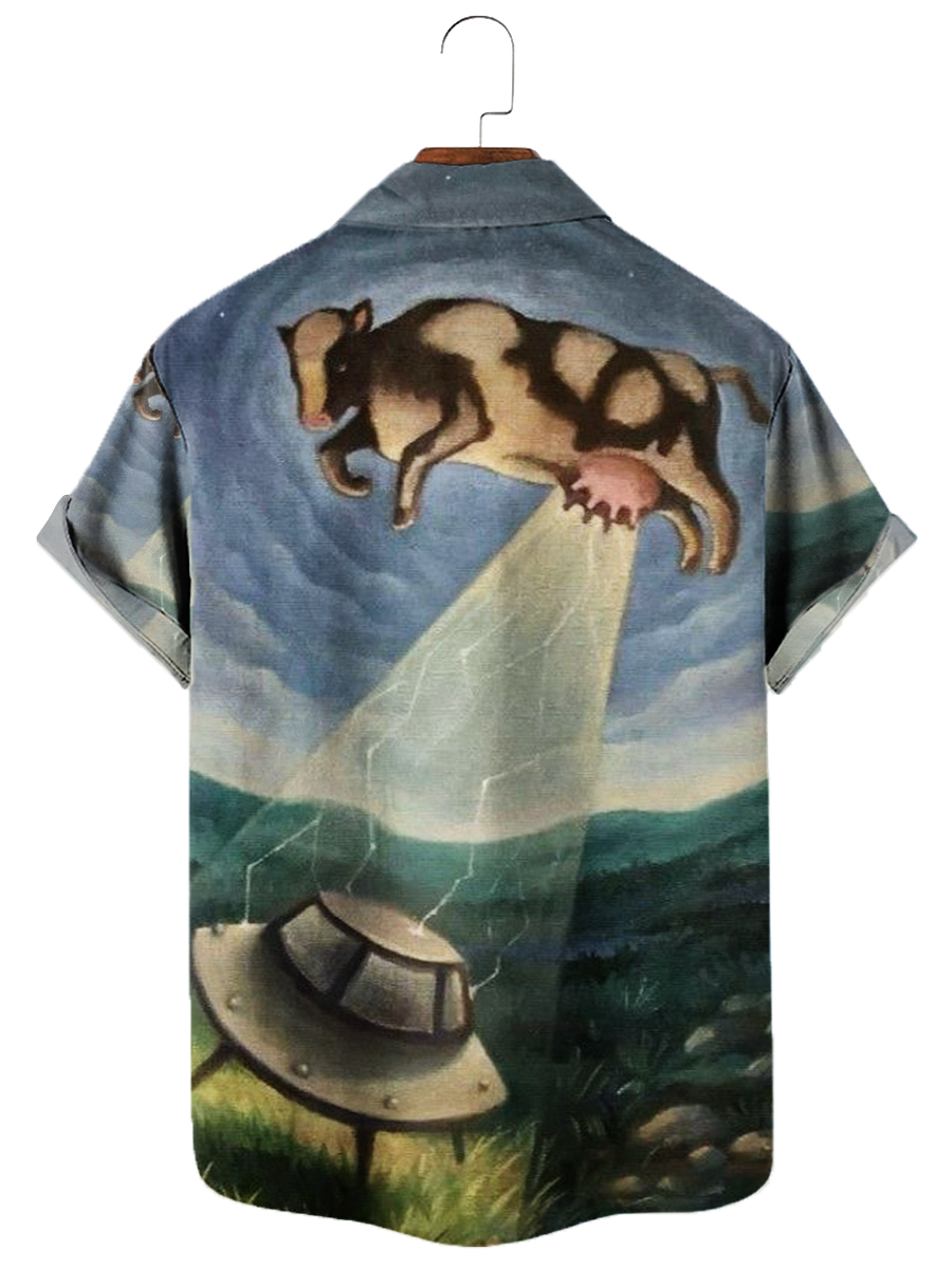 Men's Hawaiian Shirt Funny Abstract Cow UFO Button Down Shirt