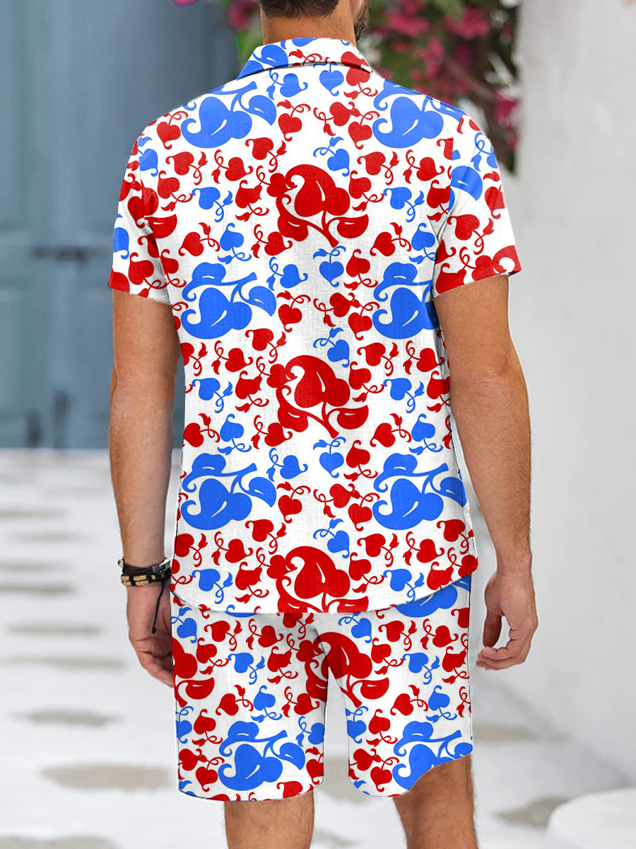 Men's Sets Hawaiian Independence Color Button Down Two-Piece Shirt Shorts Set