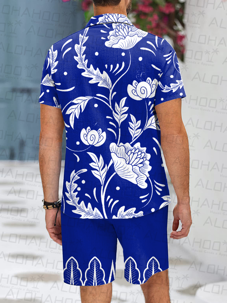 Men's Sets Art Floral Button Down Two-Piece Shirt Shorts Set