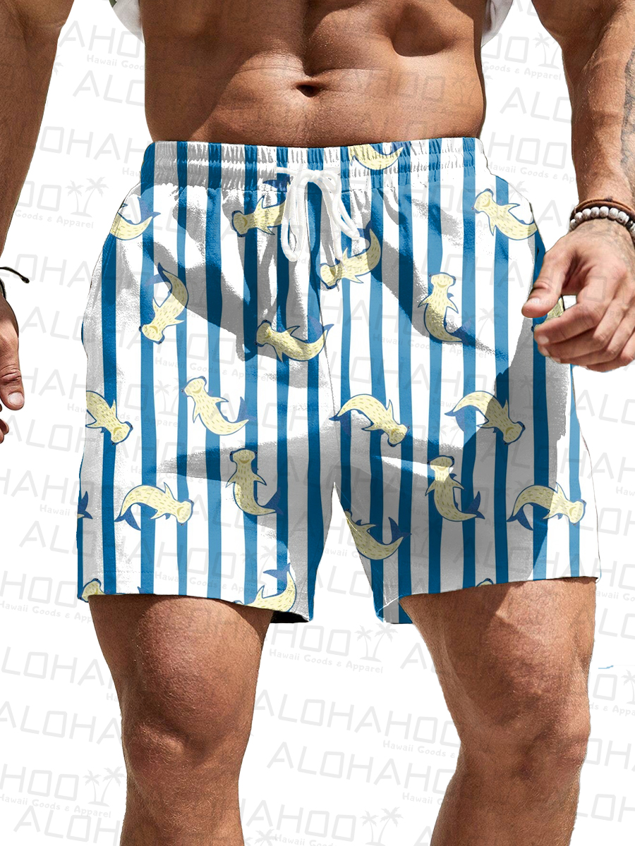 Men's Hawaiian Shorts Stripes Shark Print Casual Beach Shorts