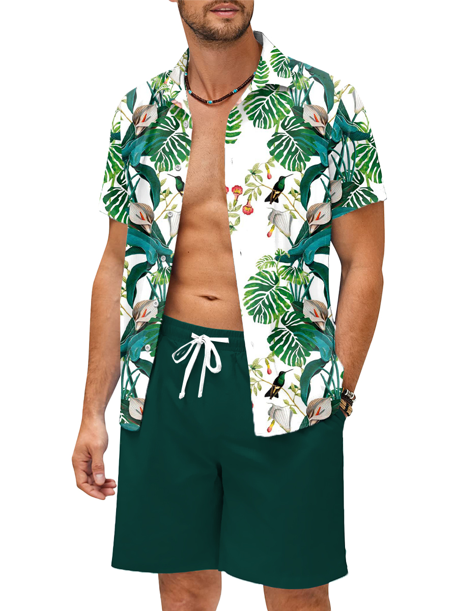 Men's Sets Hawaiian Plants Pattern Button Pocket Two-Piece Shirt Shorts Set