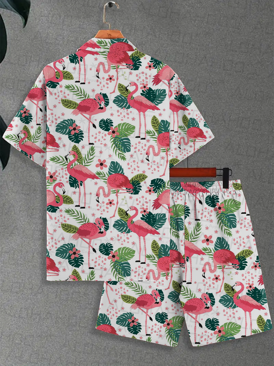 Men's Sets Hawaiian Flamingo Print Button Pocket Two-Piece Shirt Shorts Set