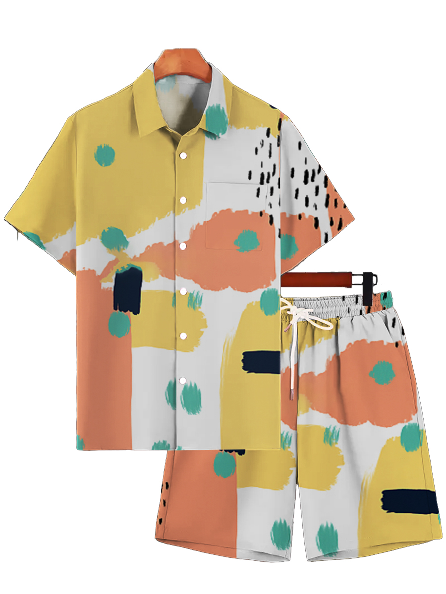 Men's Sets Geometric Colorblock Button Down Two-Piece Shirt Shorts Set