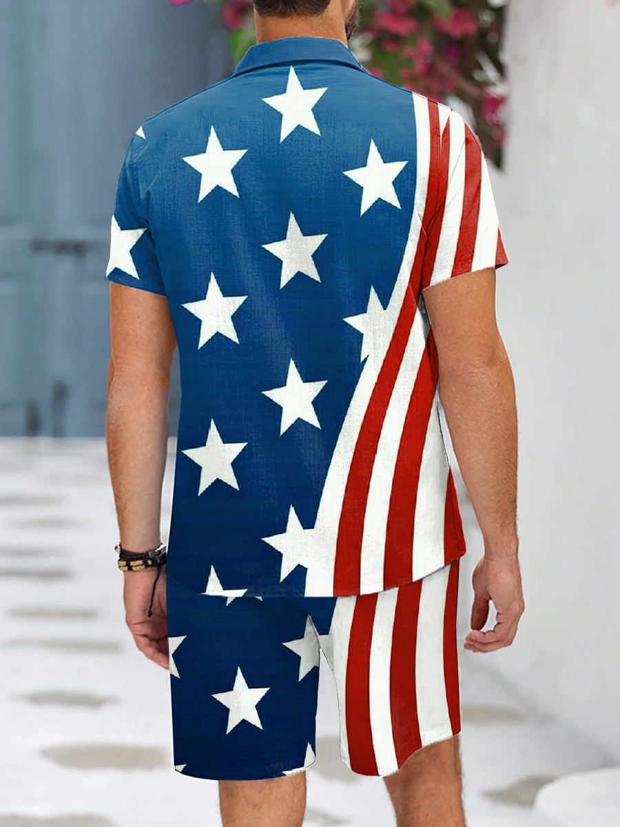 Men's Sets Independence Day Flag Print Button Pocket Two-Piece Hawaiian Shirt Shorts Set