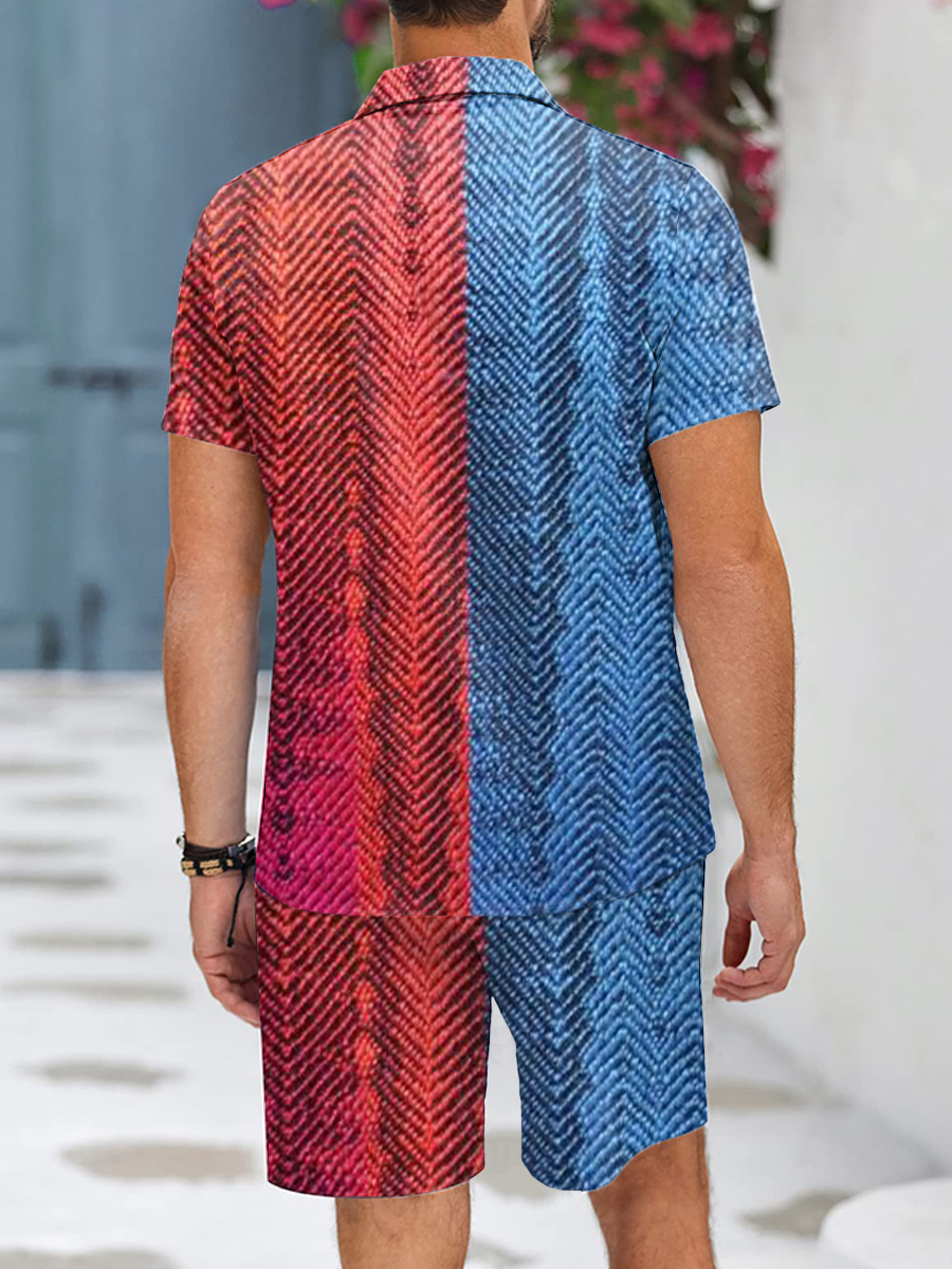 Men's Sets Hawaiian Double Colorblock Button Down Two-Piece Shirt Shorts Set