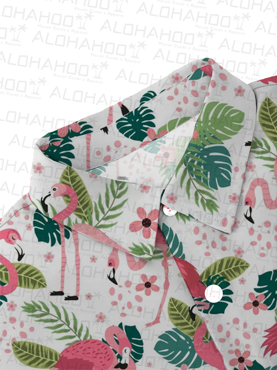 Men's Sets Hawaiian Flamingo Print Button Pocket Two-Piece Shirt Shorts Set