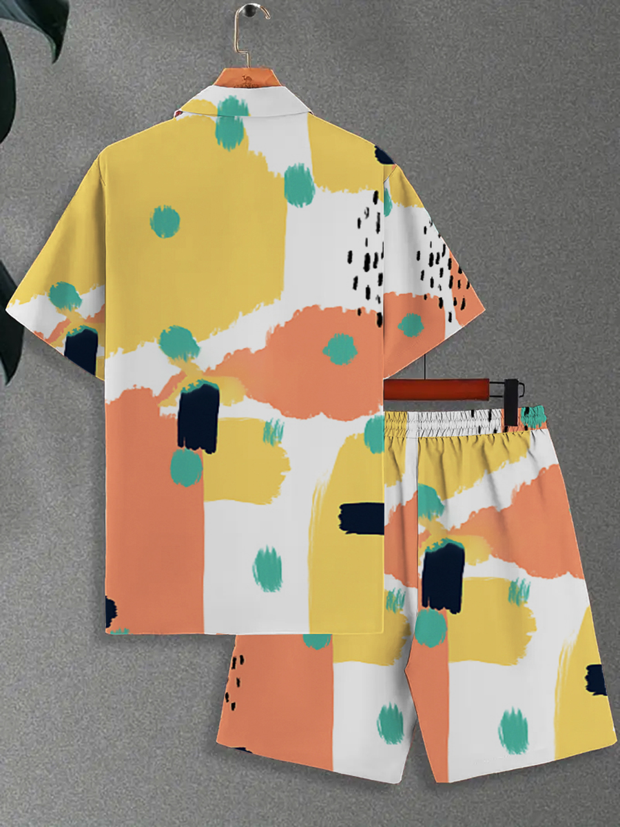 Men's Sets Geometric Colorblock Button Down Two-Piece Shirt Shorts Set