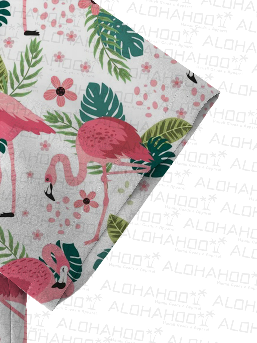 Men's Sets Hawaiian Flamingo Print Button Pocket Two-Piece Shirt Shorts Set