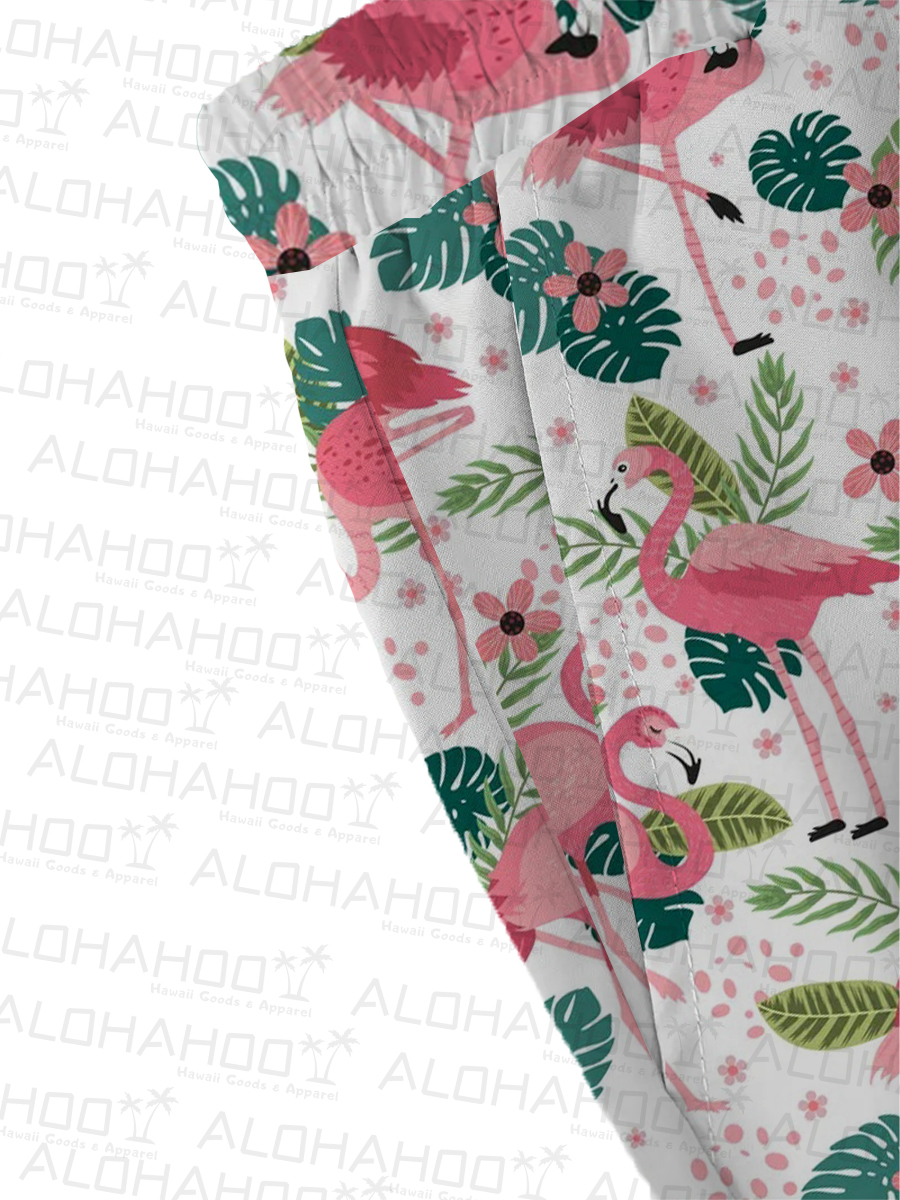 Men's Sets Hawaiian Flamingo Print Button Pocket Two-Piece Shirt Shorts Set