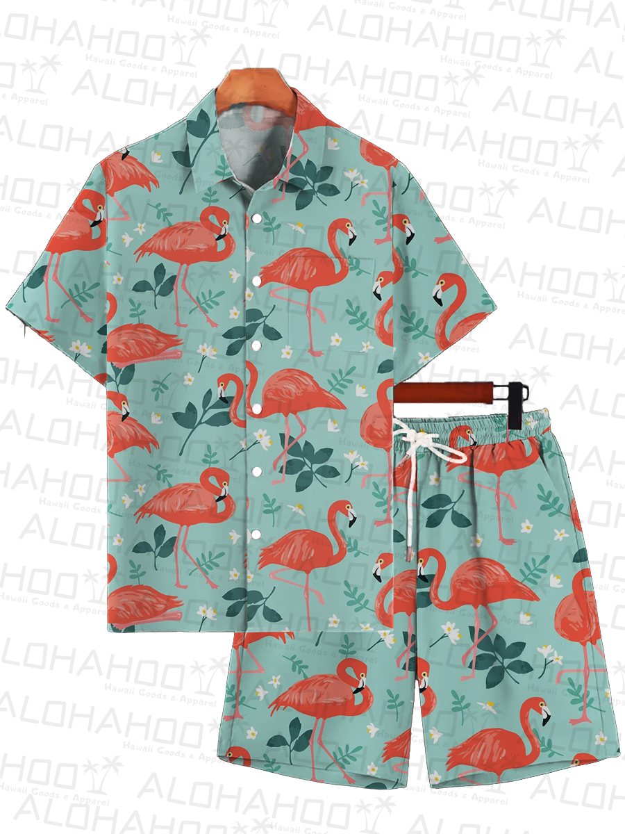 Men's Sets Hawaiian Flamingo Print Button Pocket Two-Piece Shirt Shorts Set