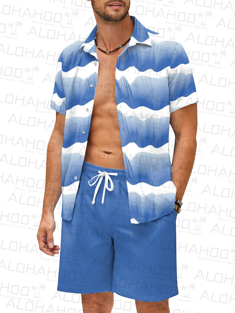Men's Sets Art Wavy Button Down Two-Piece Shirt Shorts Set