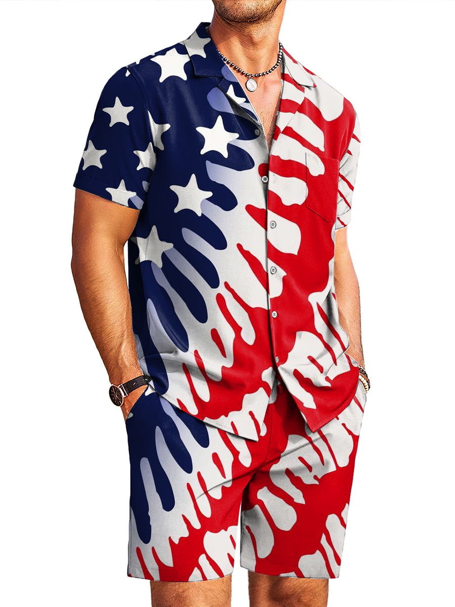 Men's Sets Art Independence Flag Print Button Pocket Two-Piece Hawaiian Shirt Shorts Set