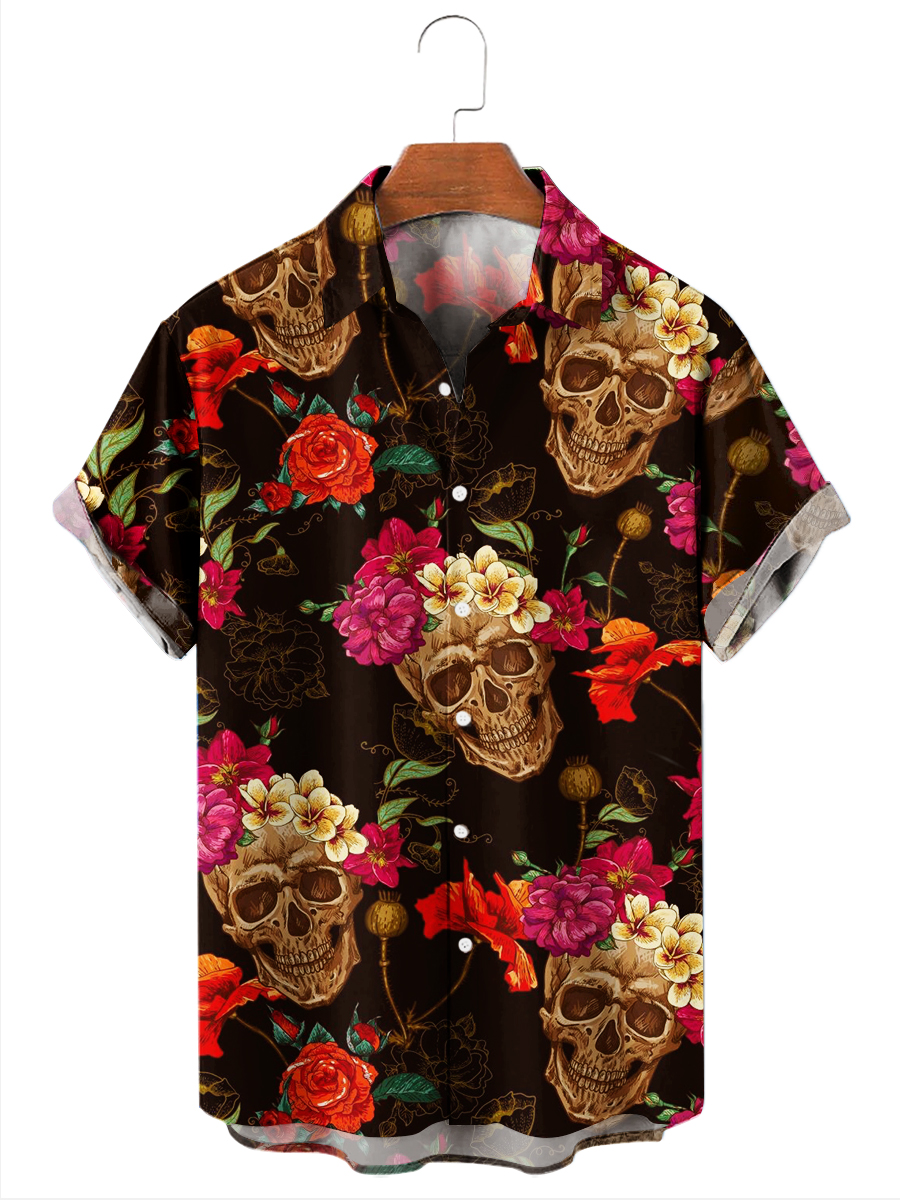 Men's Hawaiian Shirts Skull With Flowers Print Aloha Shirts