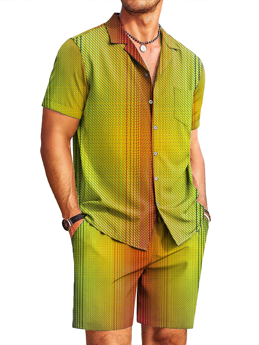 Men's Sets Hawaiian Gradient Color Button Down Two-Piece Shirt Shorts Set