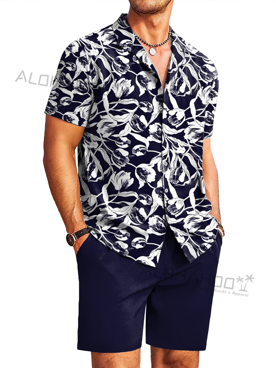 Men's Sets Art Floral Pattern Button Down Pocket Two-Piece Shirt Shorts Set