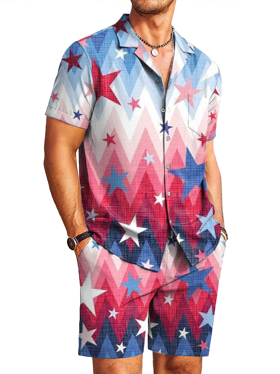 Men's Sets Hawaiian Happy Independence Day Button Down Two-Piece Shirt Shorts Set
