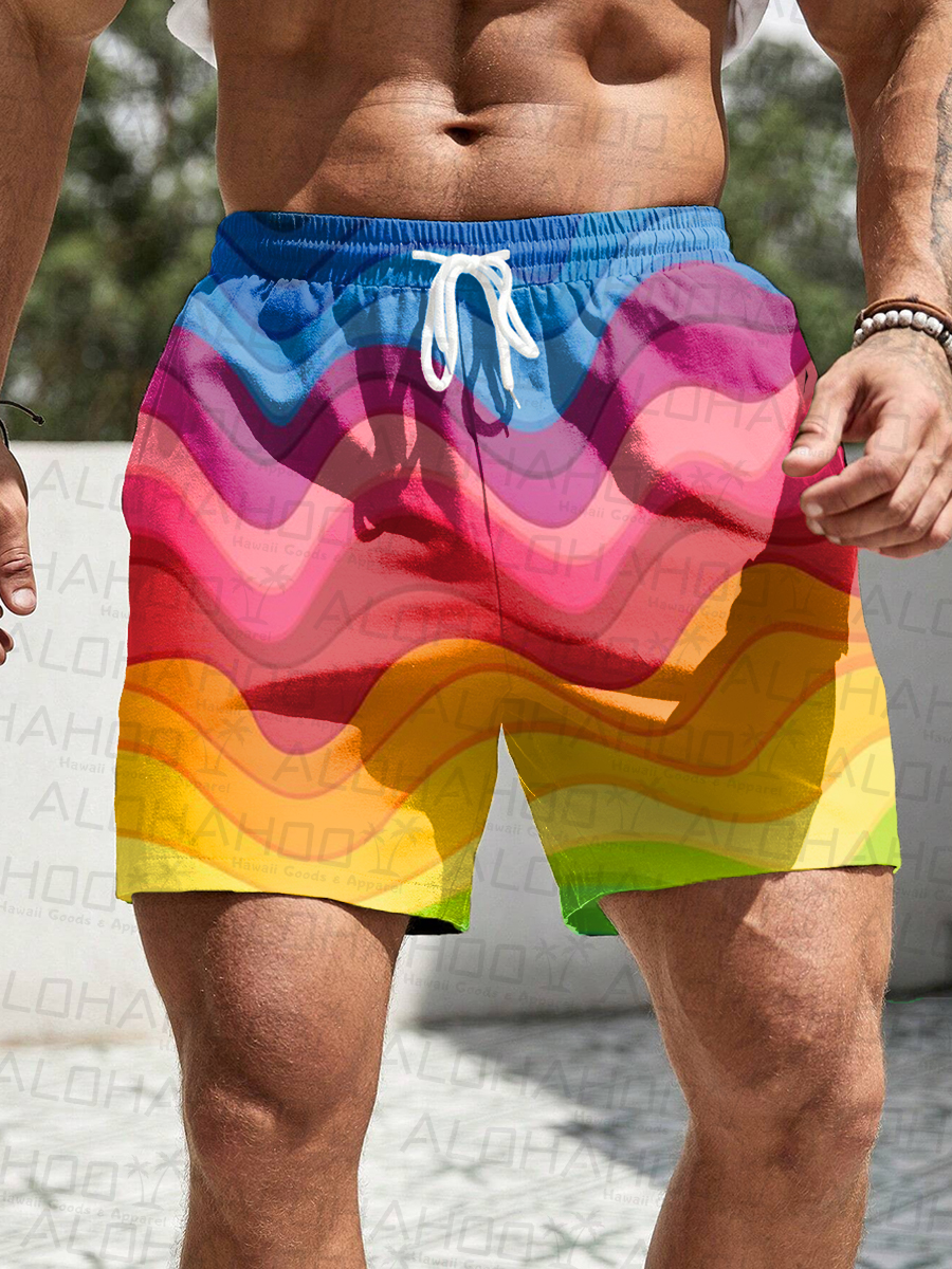 Men's Hawaiian Shorts Rainbow Stripes Print Vacation Beach Shorts