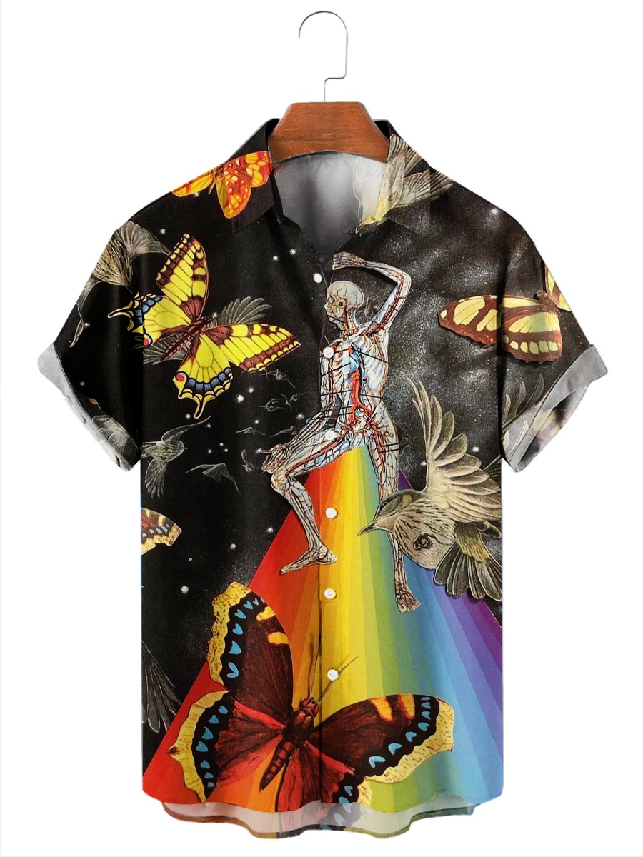 Men's Hawaiian Shirts Abstract Rainbow Skull Print Aloha Shirts